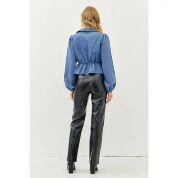 Washed Cotton Denim Drop Waist Top with Split Neck