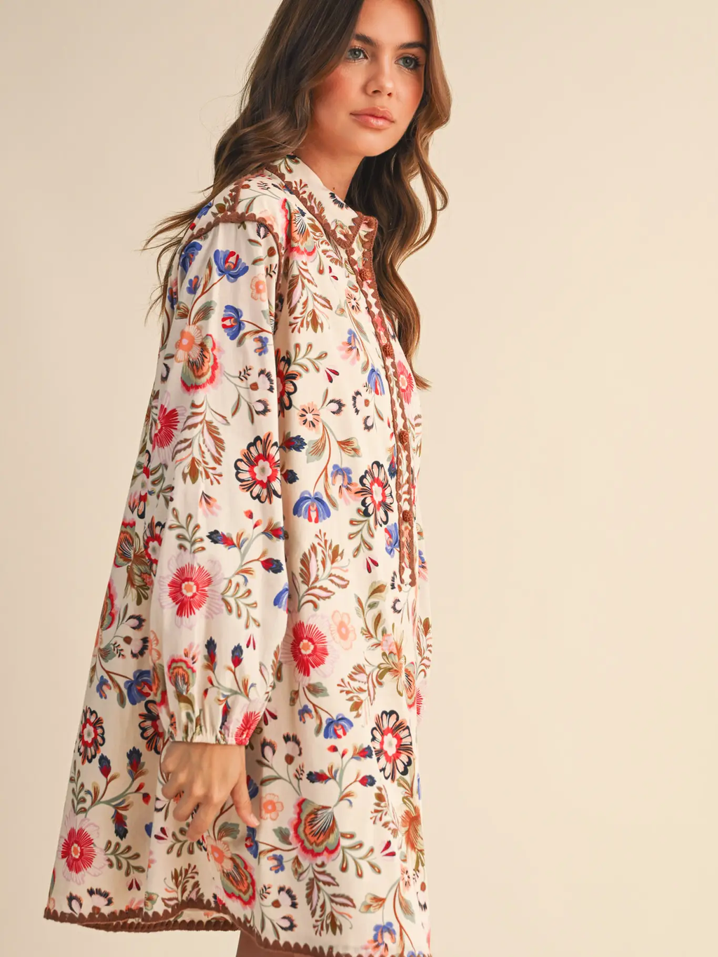 Exclusive Print Blanket Stitch Buttoned Mini Dress - CREAM MULTI