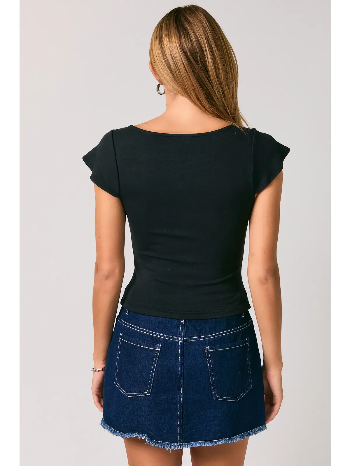 Boat Neck Flare Short Sleeve Top - BLACK
