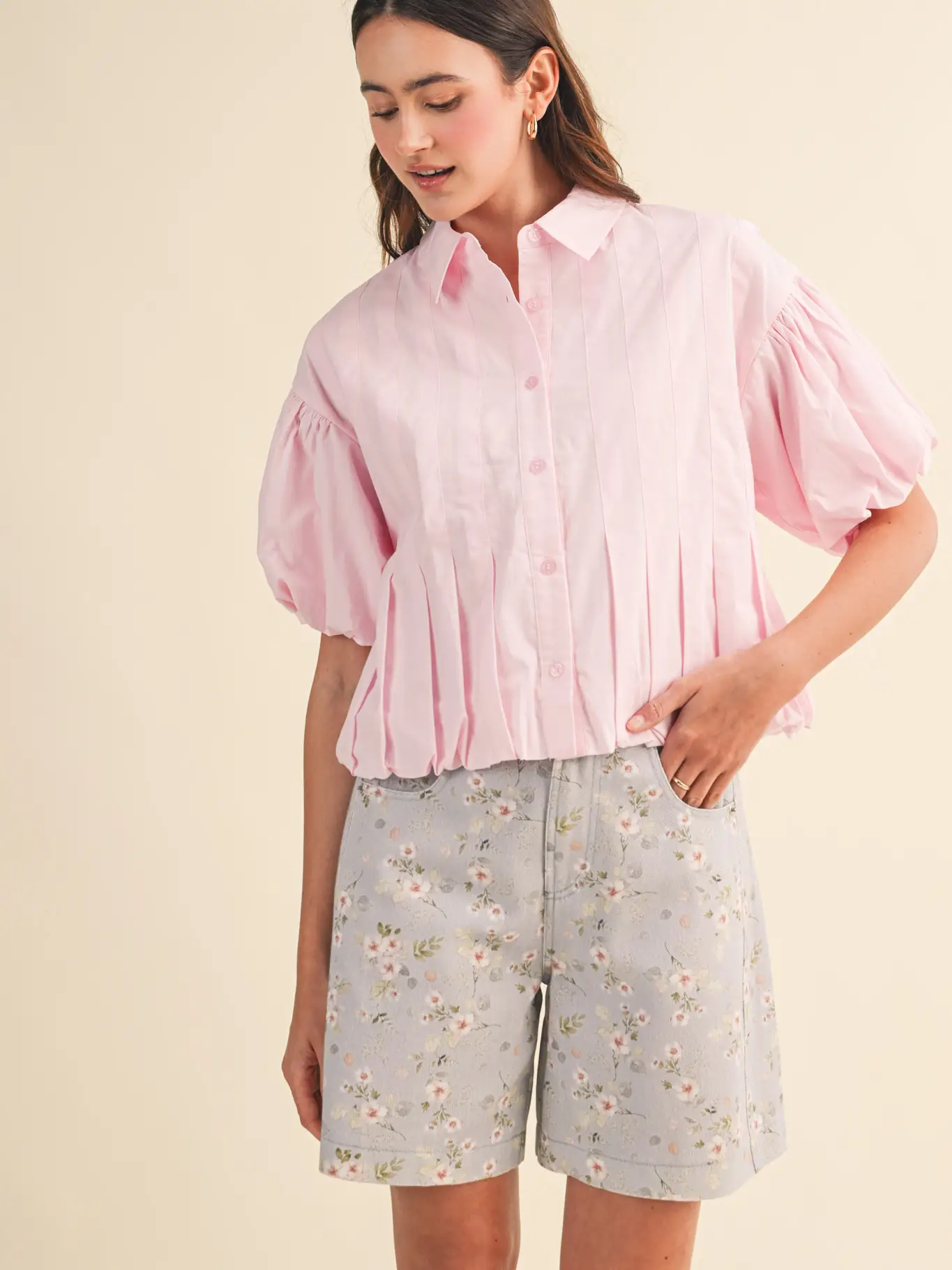 Pleated Bubble Hem Button Down Top - PINK