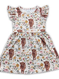 Flutter Sleeves Highland Cow Floral Girls Western Dresses