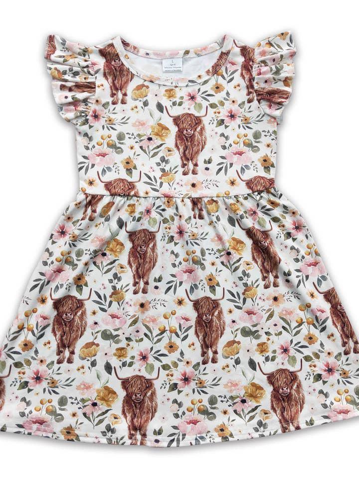 Flutter Sleeves Highland Cow Floral Girls Western Dresses
