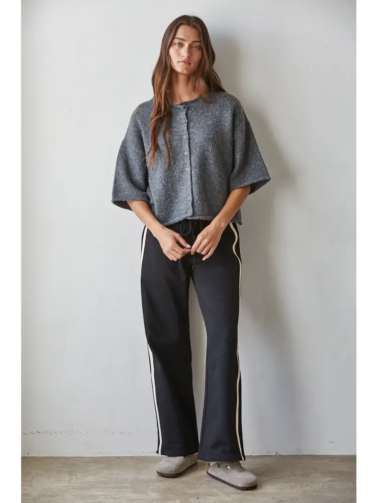 Knit Sweater Quarter Sleeve Button Up Cardigan Top - CHARCOAL