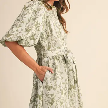 Jacquard Bubble Sleeve Button Down Midi Dress  - SAGE GREEN