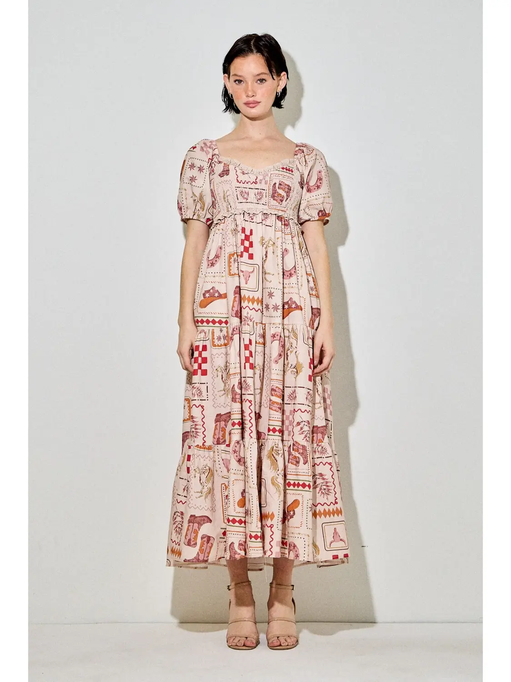 Western Square Neck Midi Dress