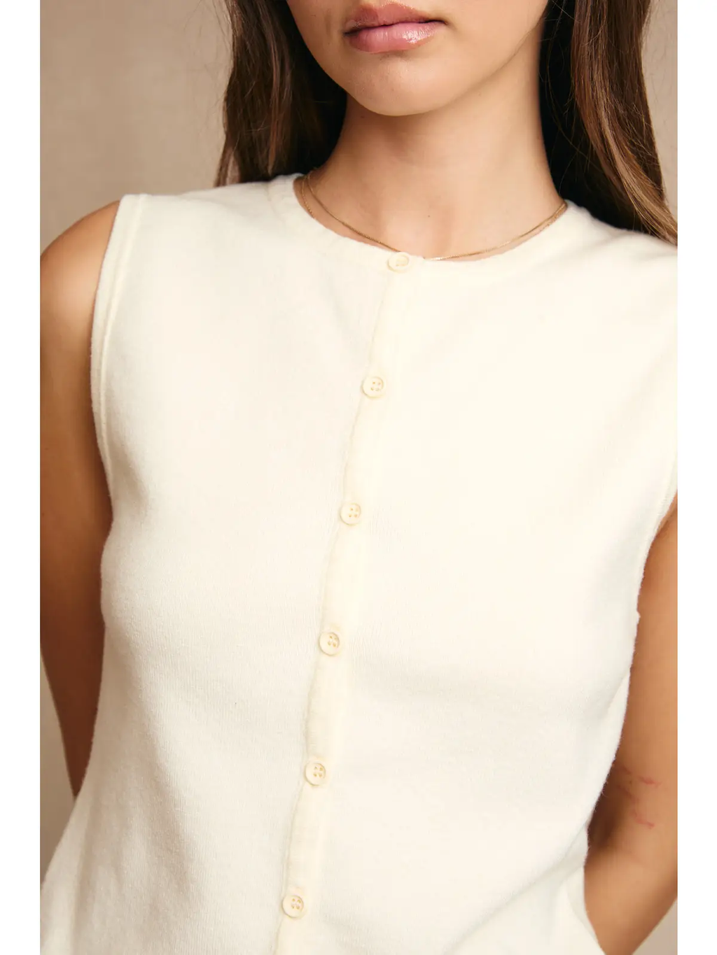 Button Front Sleeveless Sweater Top - WHITE