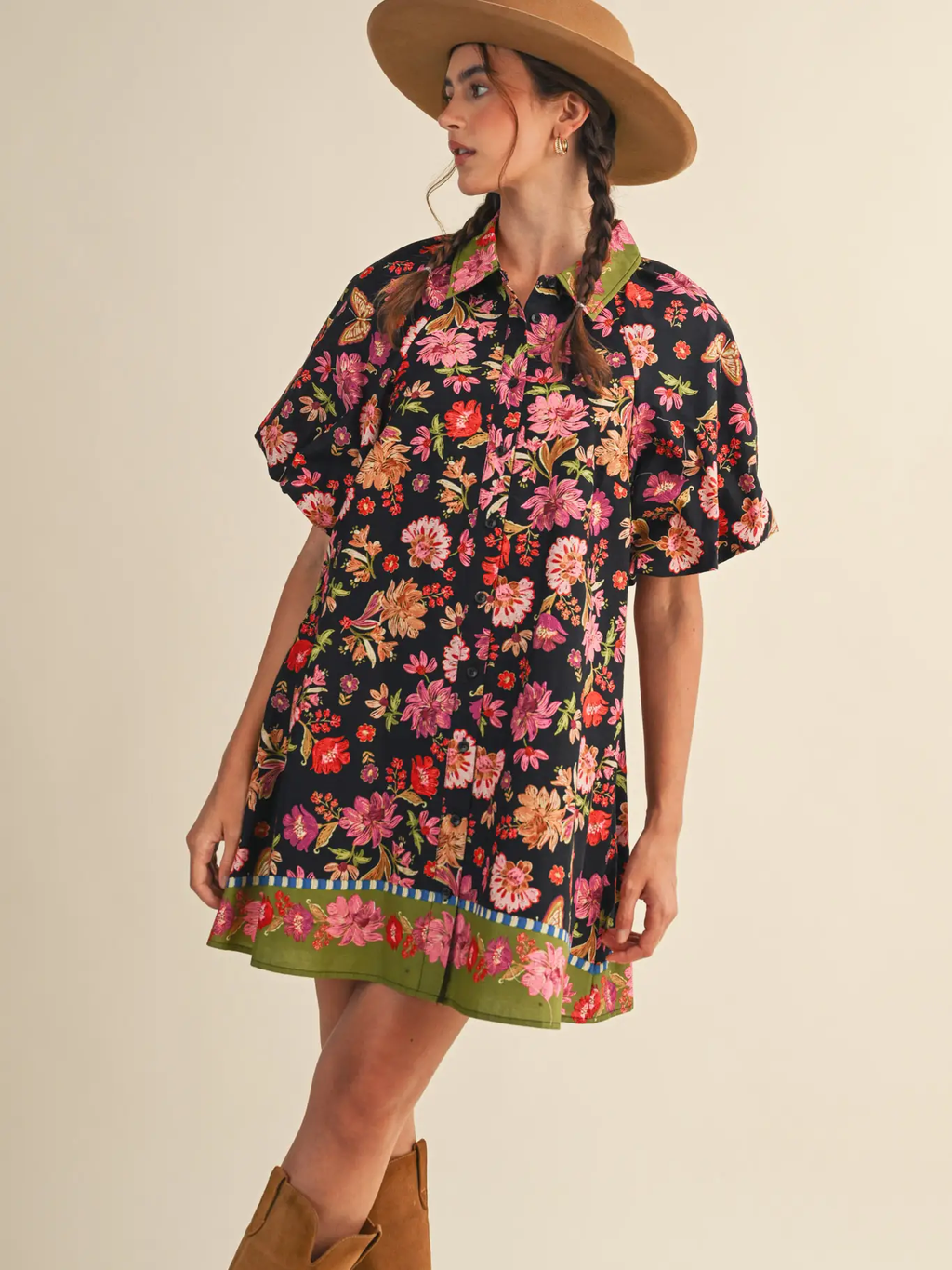 Collared Button Down Floral Mini Dress - BLACK MULTI