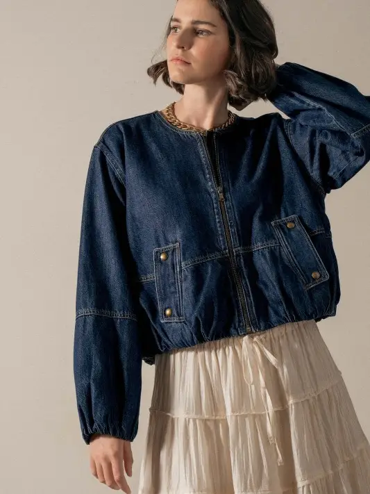 Chic Utility Zip-Up Denim Bomber Jacket