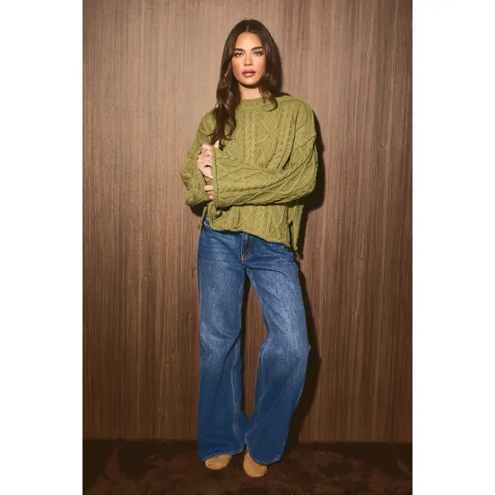 Oversized Cable Knit Crew Neck Drop Shoulder Sweater - OLIVE