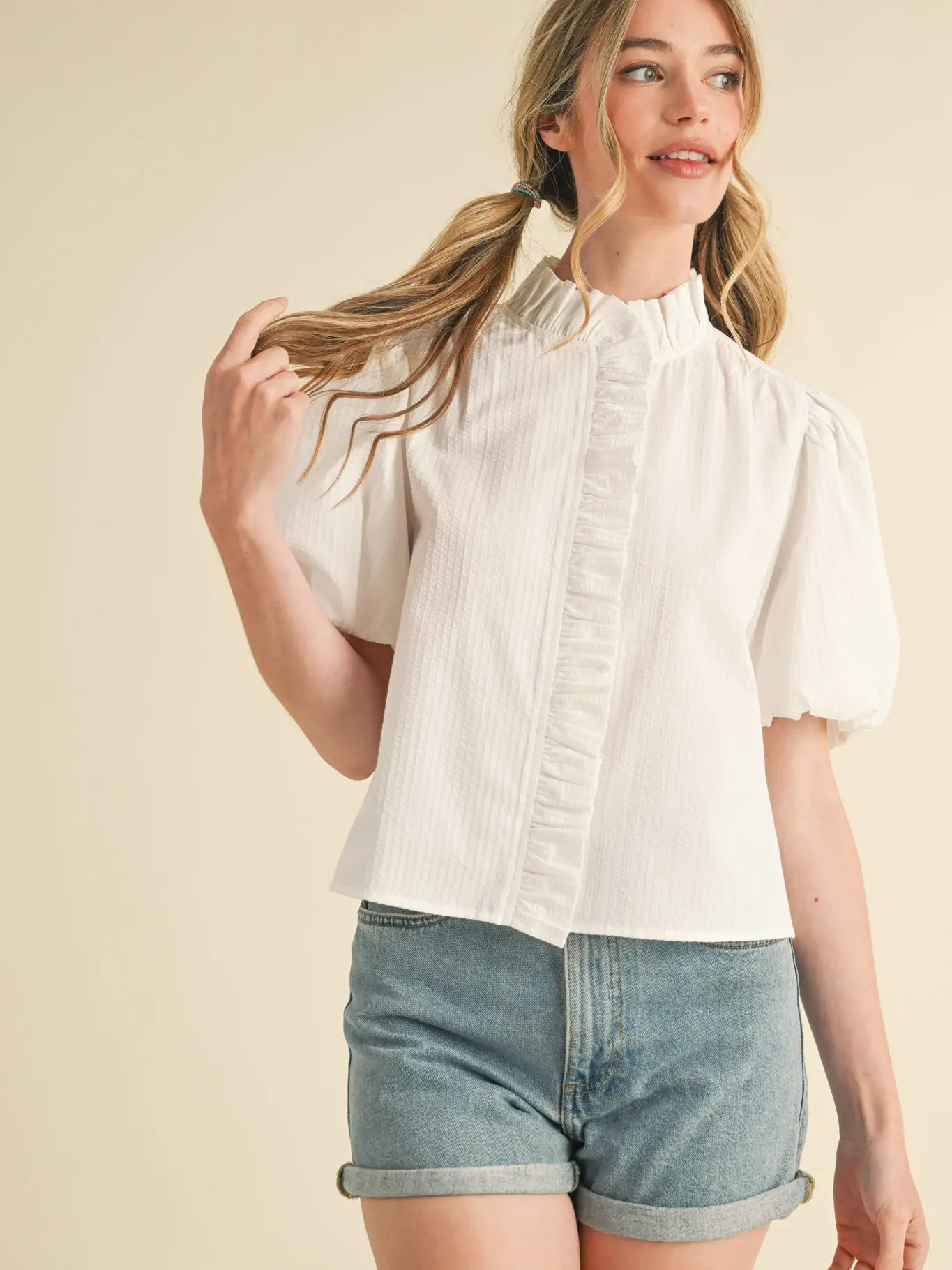 Striped Ruffle Button Down Top  - WHITE