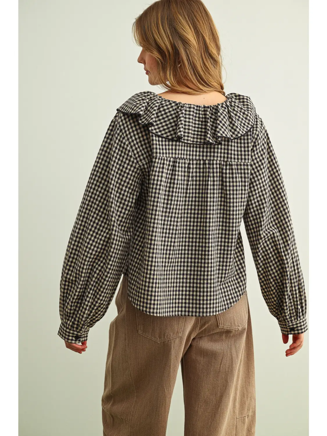 Mini Gingham Ruffled Collar Blouse - NAVY/STONE