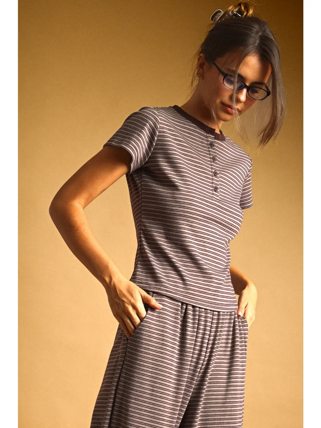 Double Striped Pattern Half Snap Button Top - Brown