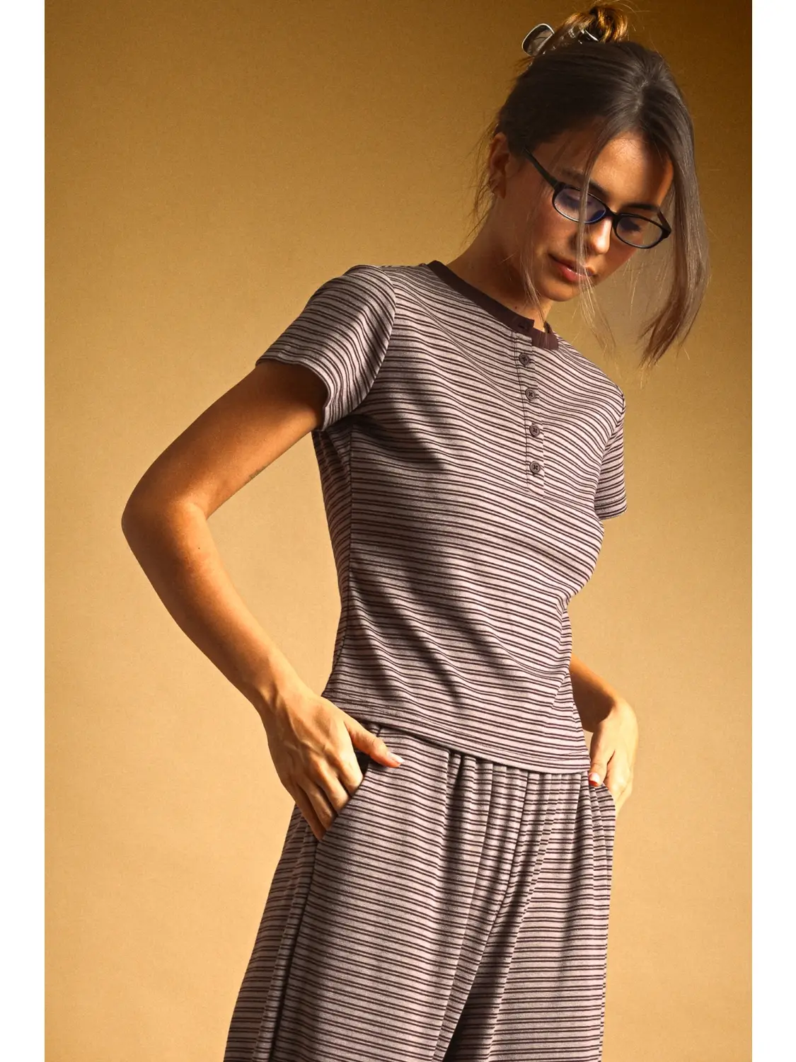 Double Striped Pattern Half Snap Button Top - Brown