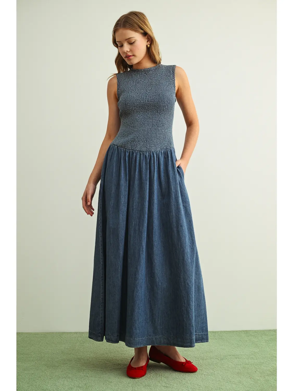 Smocked Top Sleeveless Denim Long Dress