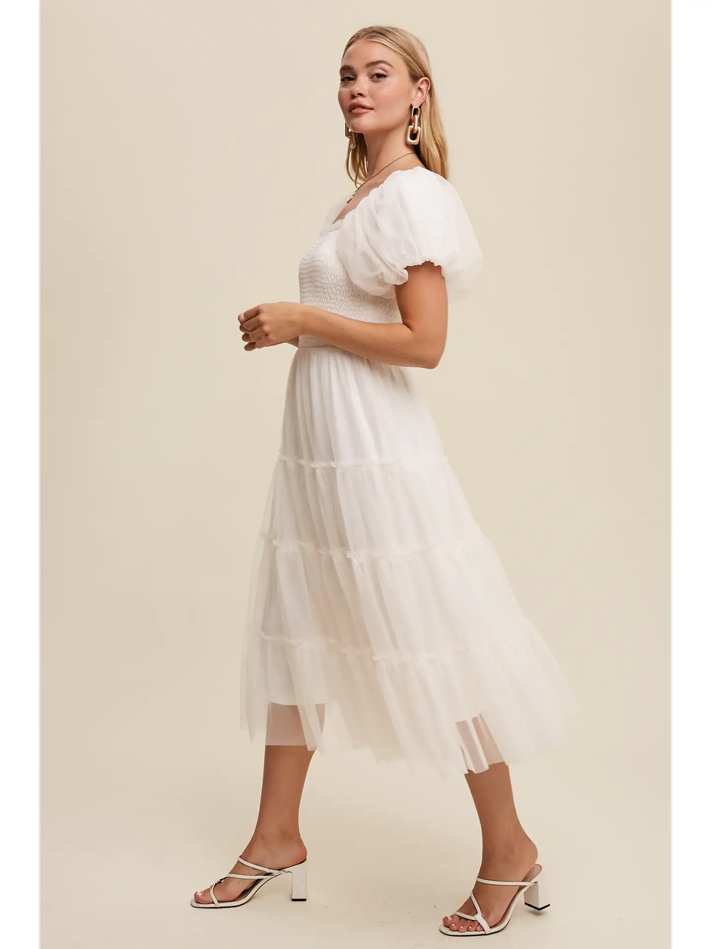Tulle Smocked Puff Sleeve Midi Dress