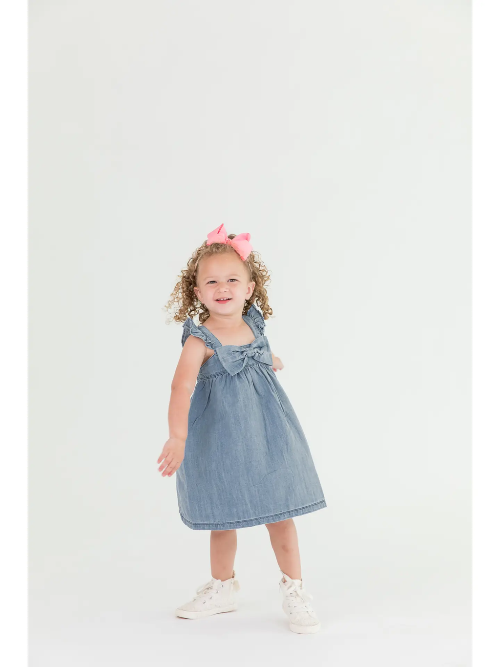 Girls Light Wash Denim Flutter Bow Woven Dress