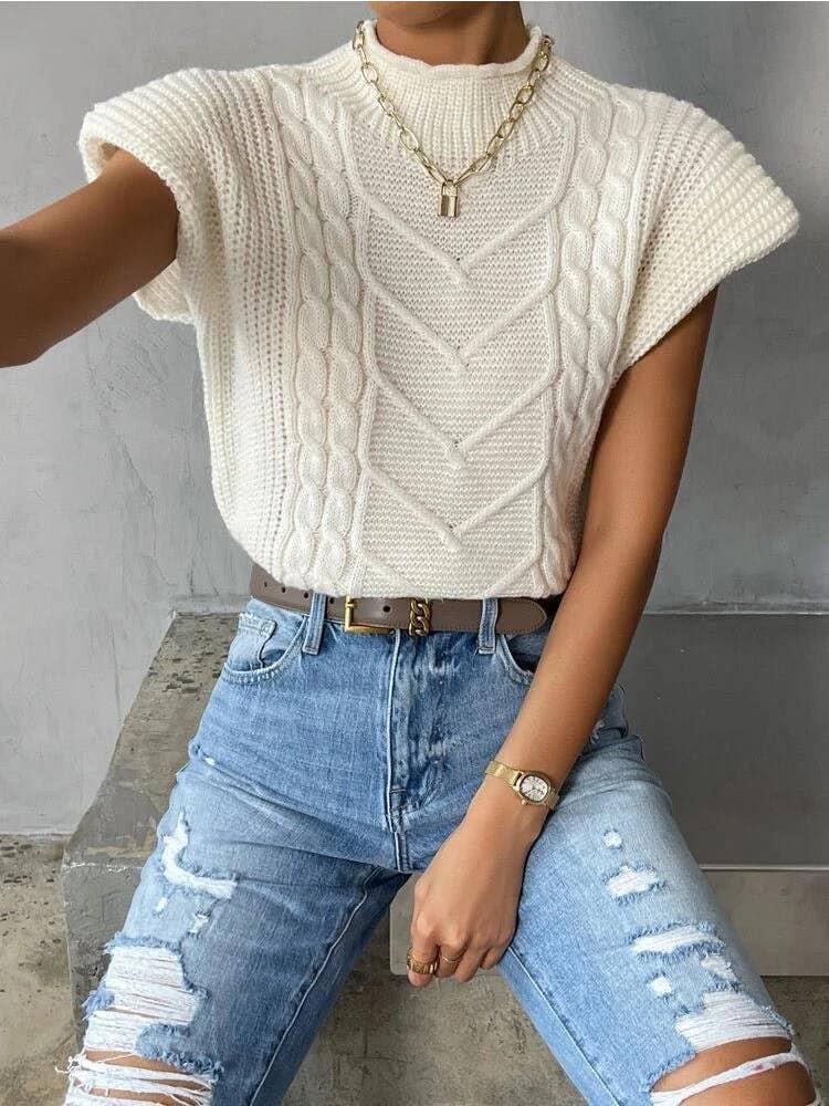 Mock Neck Short Sleeve Sweater - White