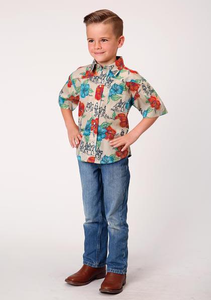 BOYS S/S SHIRT PERFORMANCE Y/D ALLOVER PRINT - SNAP 01056 TRAIL RIDE TROPICAL 03-031-0064-0366 MU