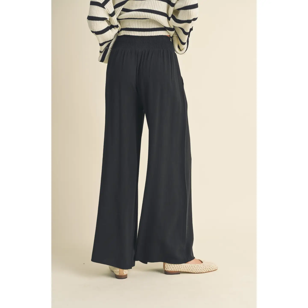 Cotton Linen Smocked Waist Pants with Tassel - Black