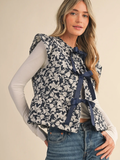 Flutter Sleeve Floral Quilted Vest - NAVY BLUE