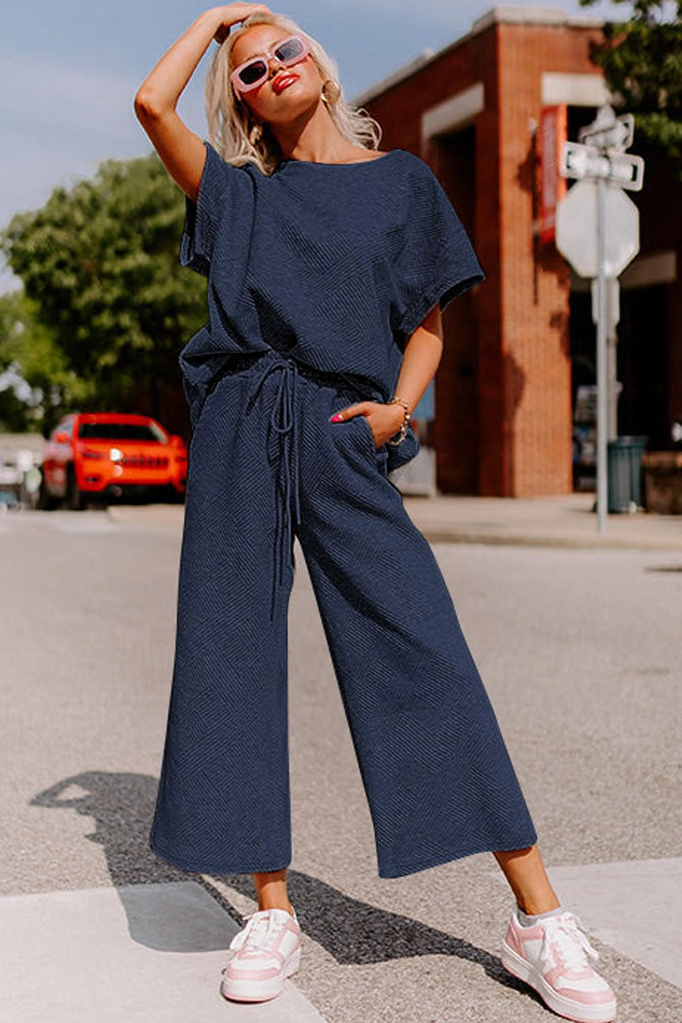 Navy Textured Loose Fit T Shirt and Drawstring Pants Set
