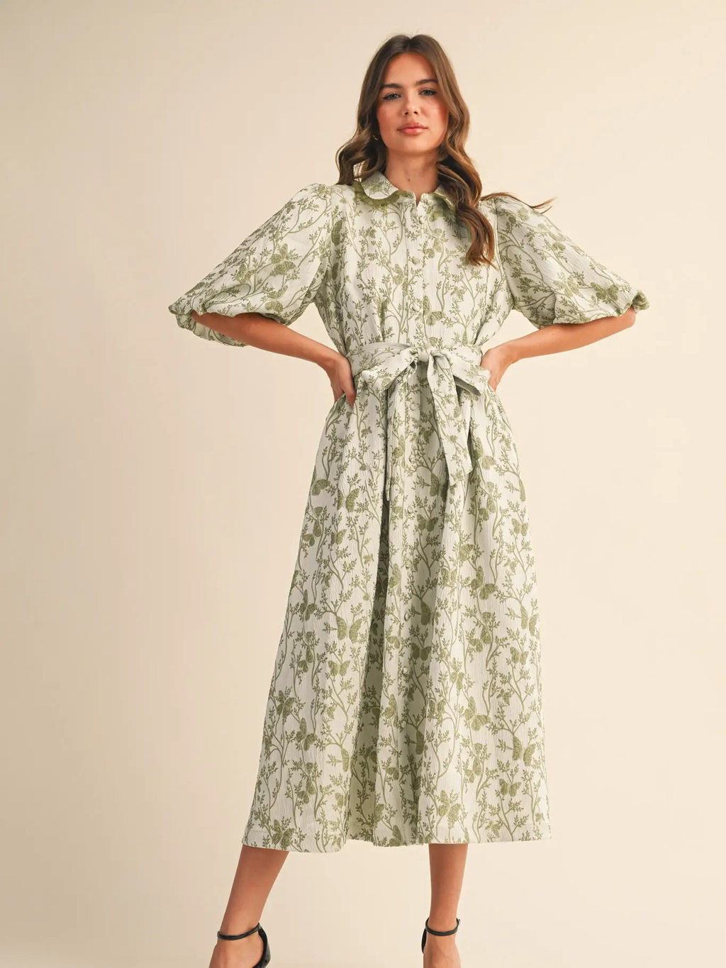 Jacquard Bubble Sleeve Button Down Midi Dress  - SAGE GREEN