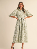 Jacquard Bubble Sleeve Button Down Midi Dress  - SAGE GREEN