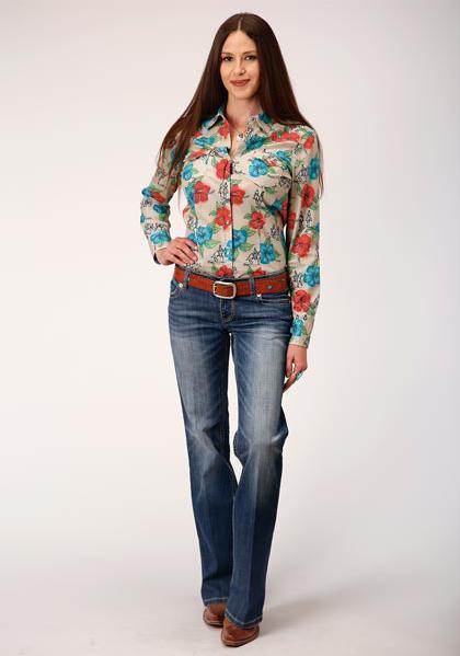 WOMENS L/S SHIRT PERFORMANCE Y/D ALLOVER PRINT - SNAP 01056 TRAIL RIDE TROPICAL 03-050-0064-0366 MU