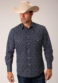 NAVY & WHITE FLORAL PRINT PEARL SNAP - 01-001-0019-3055