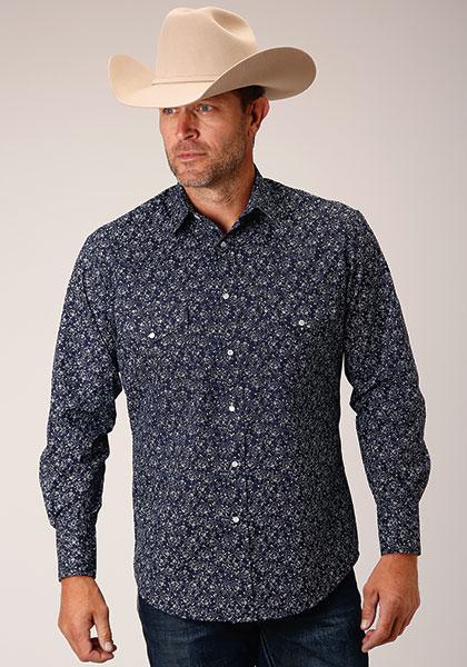NAVY & WHITE FLORAL PRINT PEARL SNAP - 01-001-0019-3055
