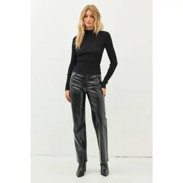 Sheer Ribbed Knit Top in Mock Turtleneck - Black