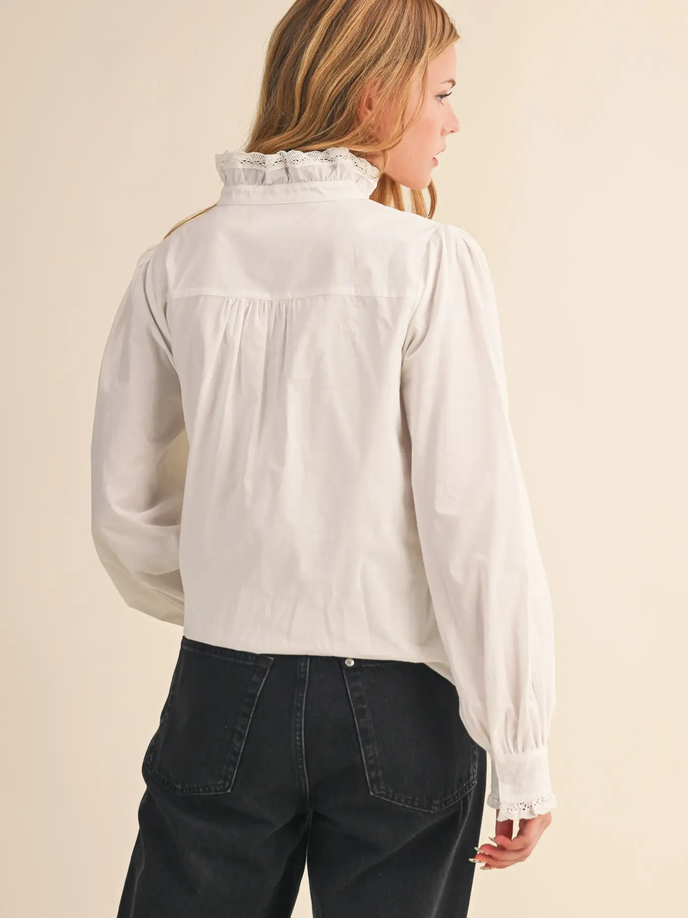 Ruffled Lace Trim Button Down Top