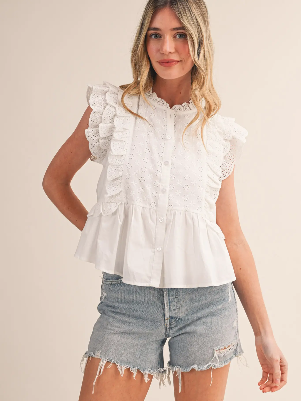 Eyelet Button Down Peplum Top - OFF WHITE