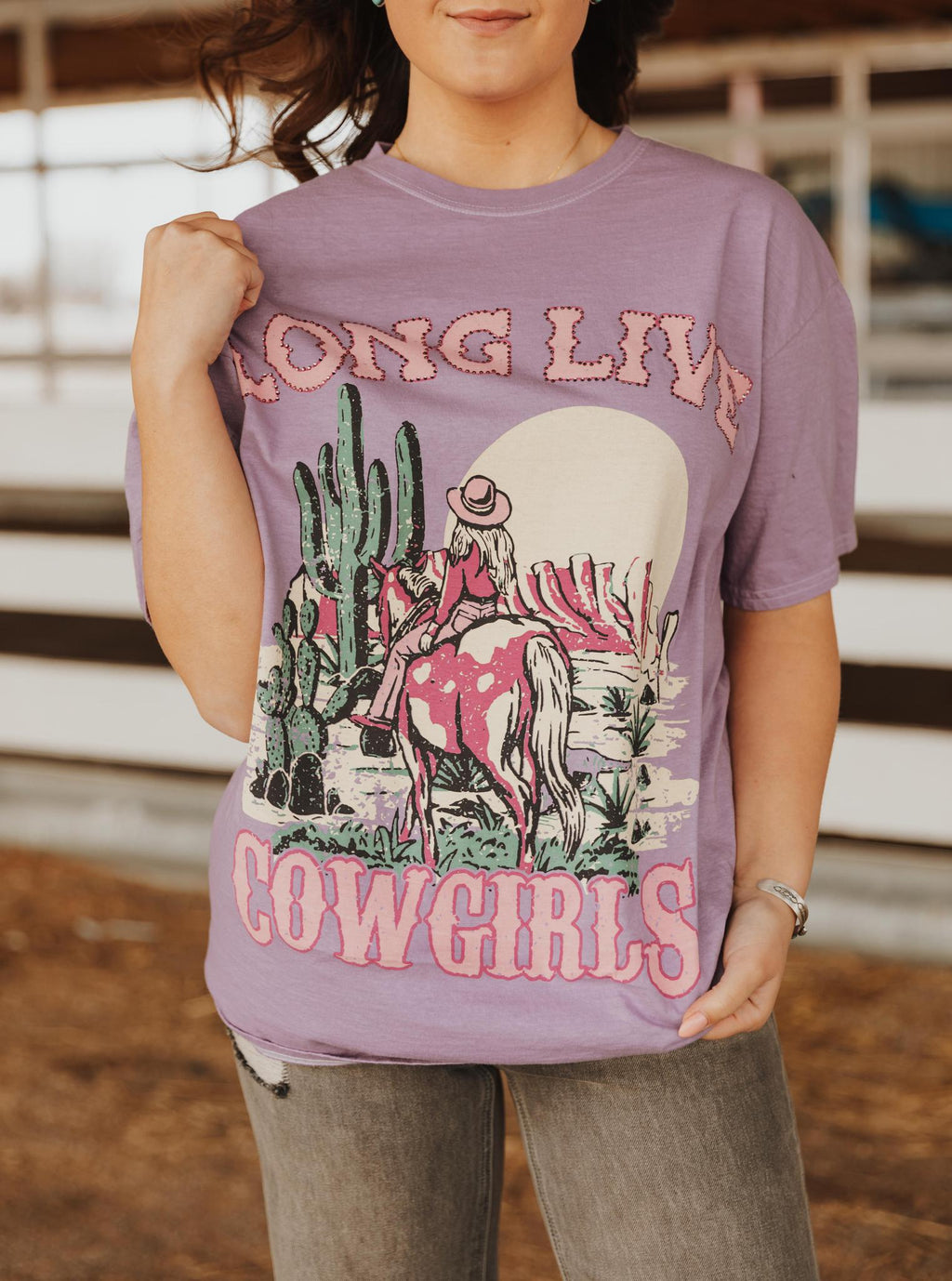 LONG LIVE COWGIRLS RHINESTONE WASHED GRAPHIC T-SHIRT - LAVENDER (OVERSIZED)