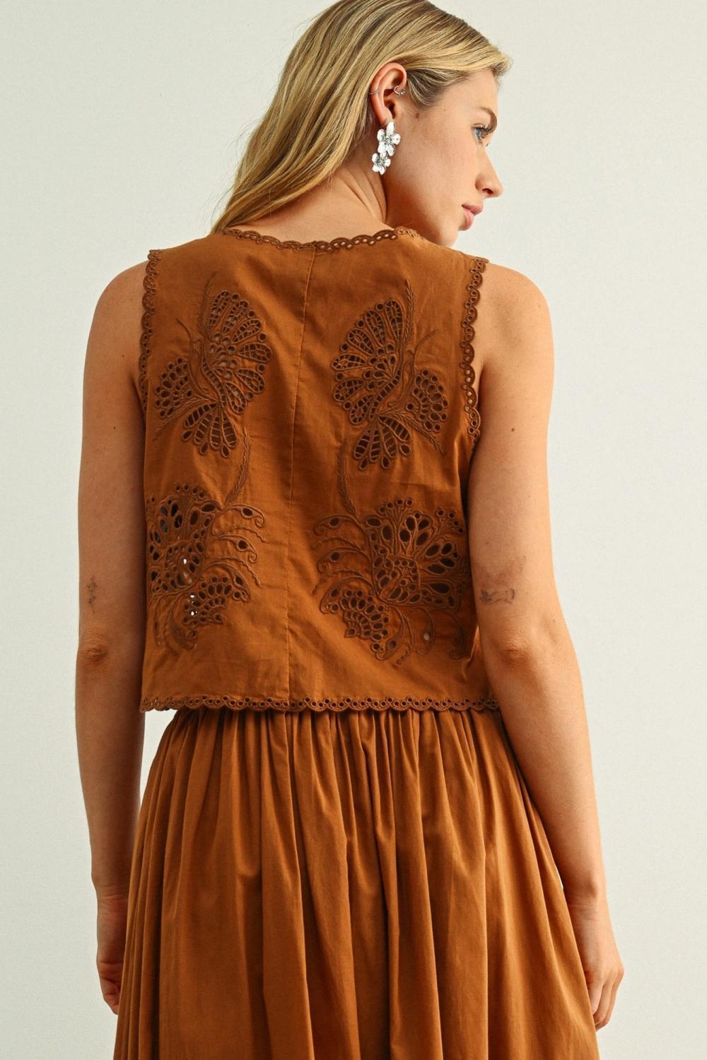Embroidery Tied in Front Sleeveless Top - COFFEE