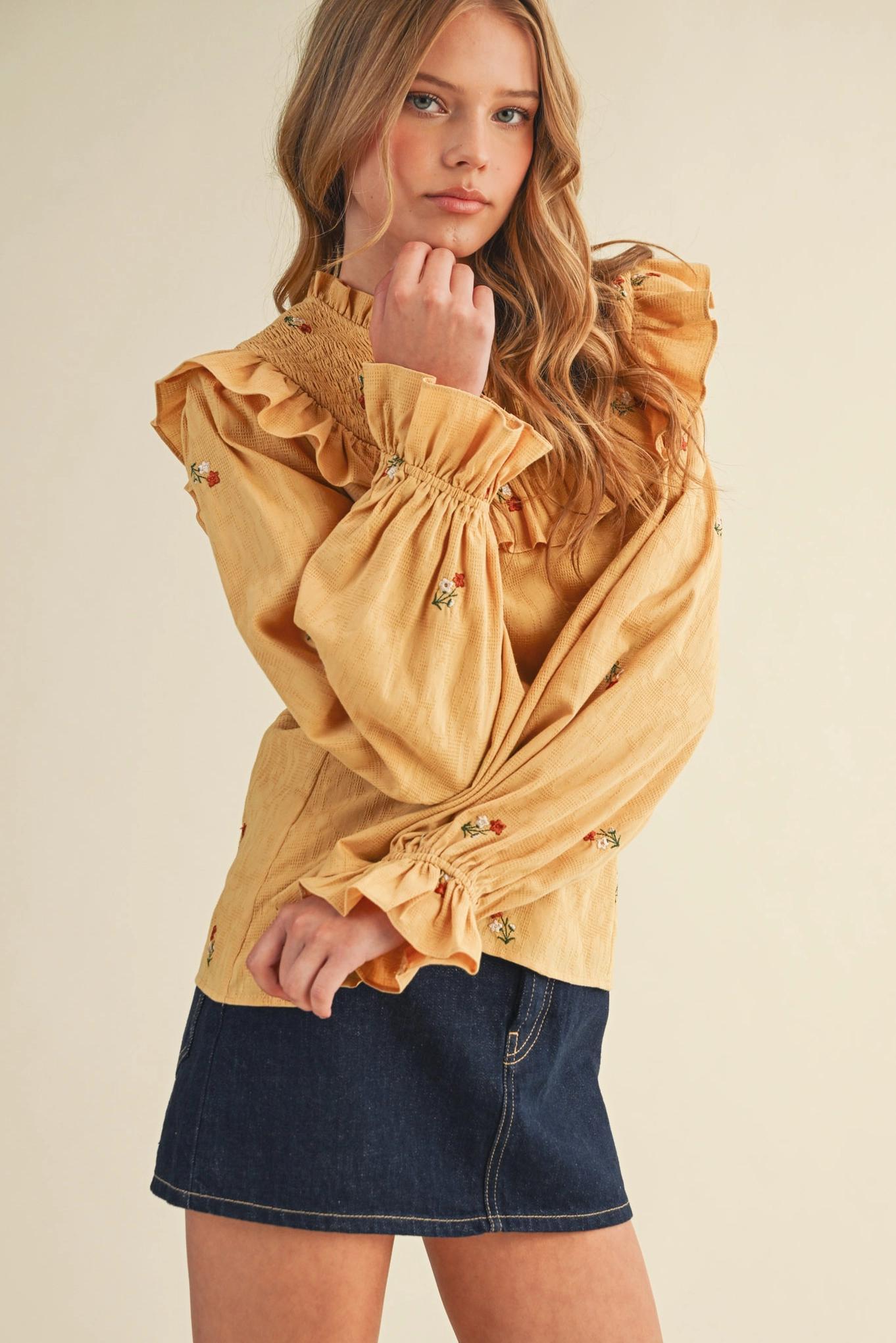 Ruffled Smocked Yoke Embroidered Blouse