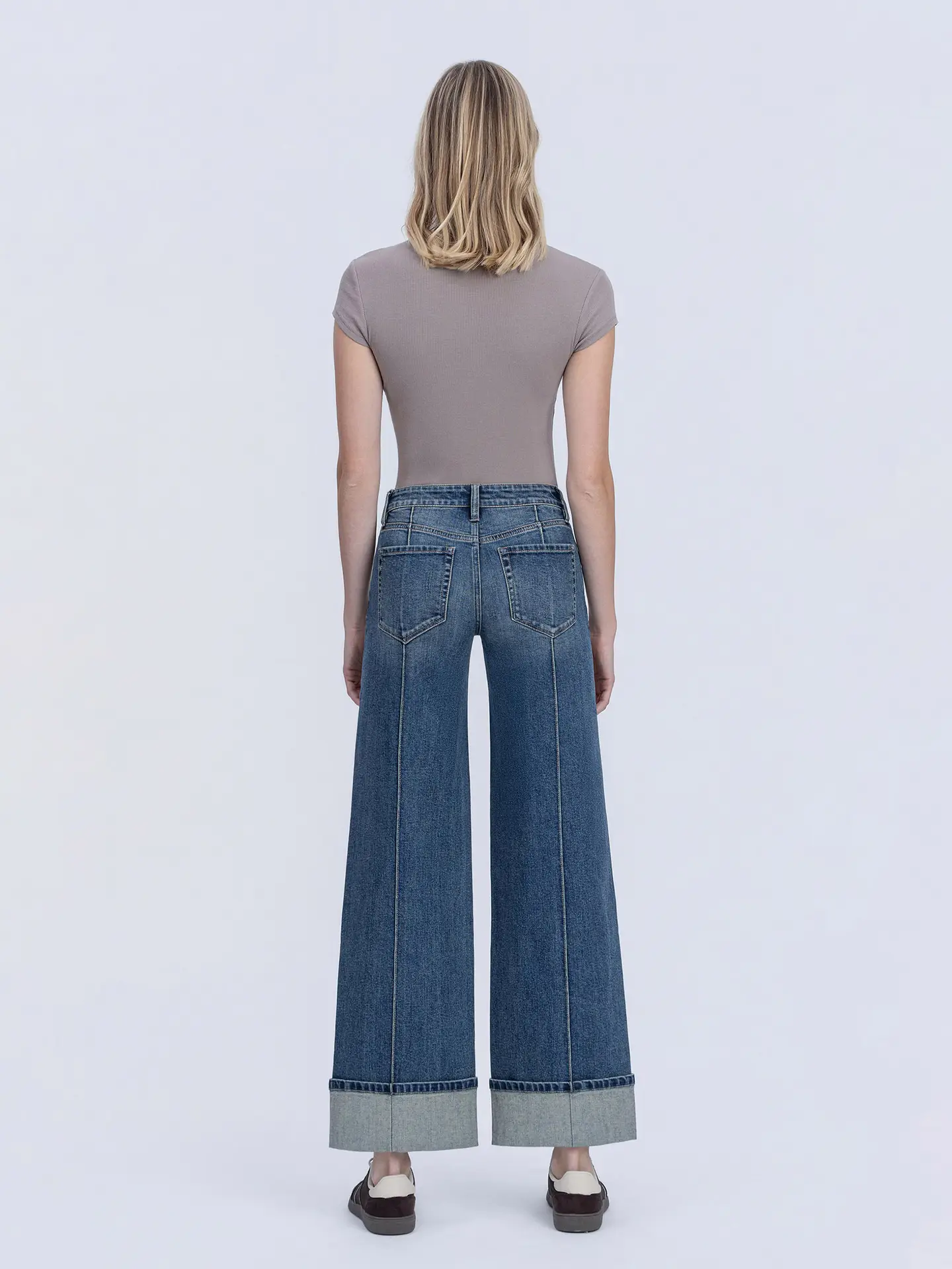 Mid Rise Pin Tuck Cuffed Baggy Wide Jeans F6323