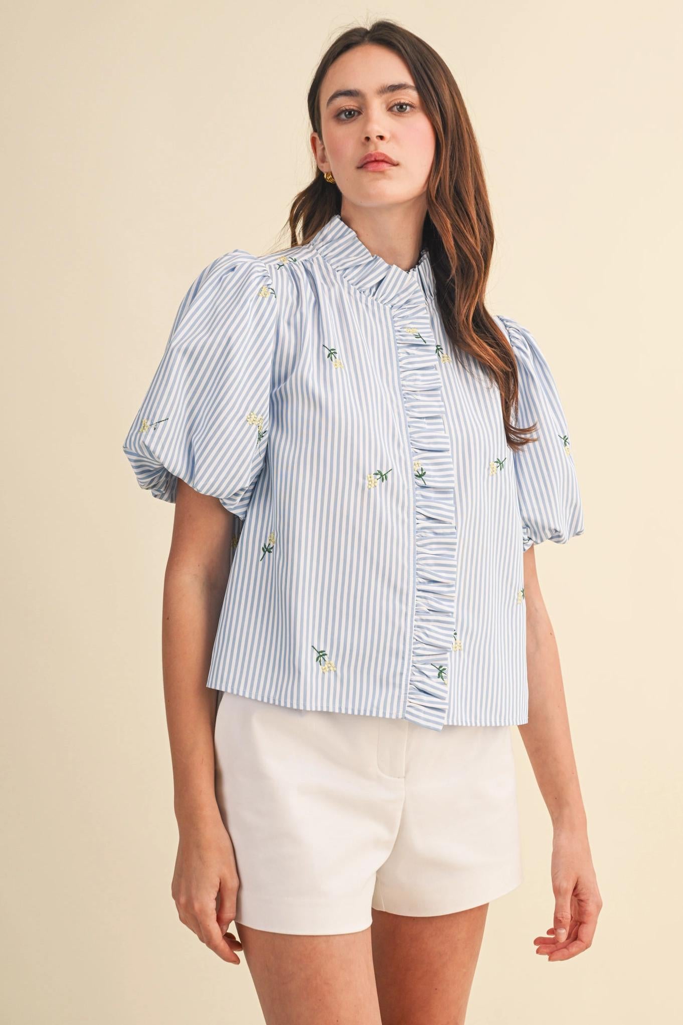 Floral Embroidery Striped Ruffled Button Down Top - Sky Blue Stripe