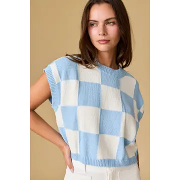 Hannah Loose Fit Checker Knit Top - Blue