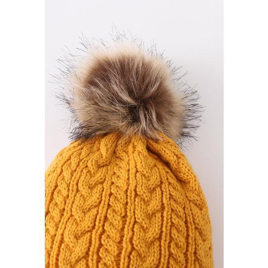 MUSTARD CABLE KNIT POM POM BEANIE