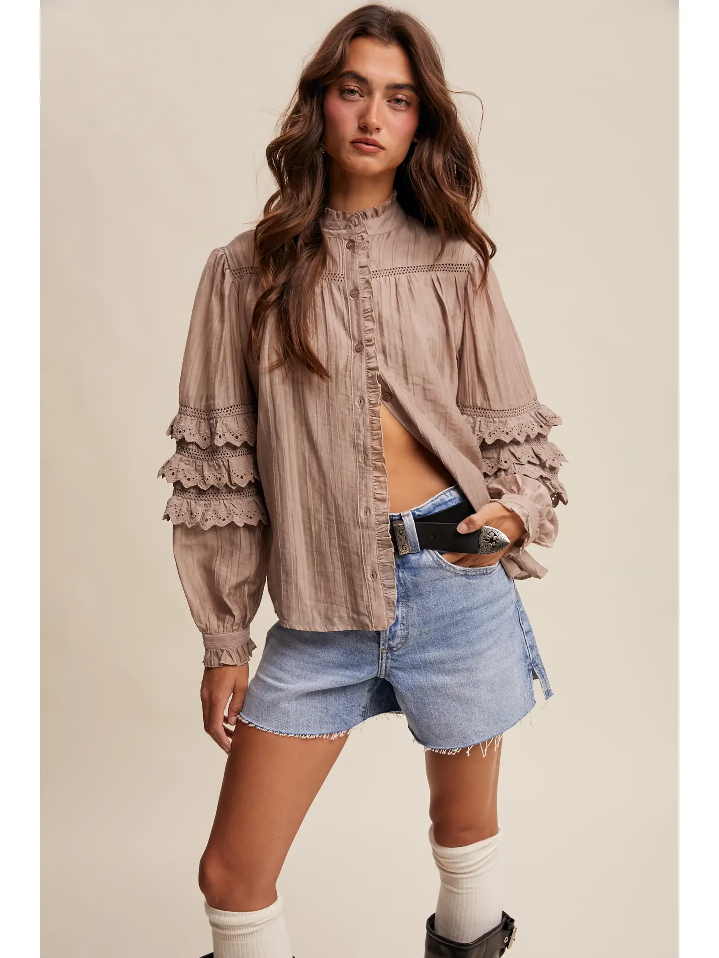 Lace Ruffle Sleeve Pintuck Blouse